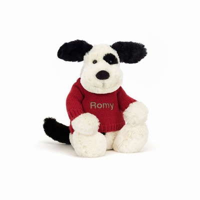 Jellycat Bashful Black & Cream Puppy with Red Jumper UK | 05978YNLG